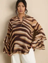Abstract Print Ruffle Blouse Brown female