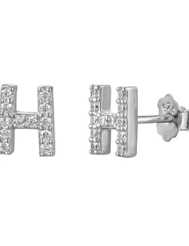 Womens Sterling Silver White Cubic Zirconia Initial Stud Earrings - H - One Size - The Jewellery Stockroom - FashionsVida