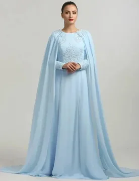 Customized Yipeisha Simple Sky Blue With Cape Sleeves Evening Dresses O-neck Muslin Chiffon Appilques A-line Floor Length Formal - Aliexpress - FashionsVida