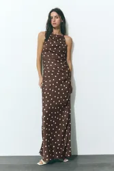 Draped Polka Dot Satin Dress (Size: )