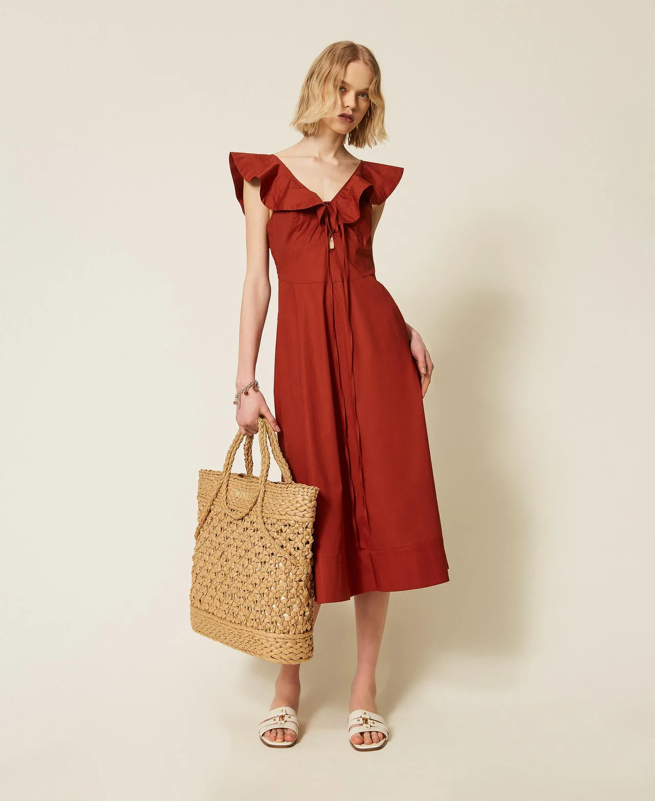 Robe midi en popeline avec volants - TWINSET - FashionsVida