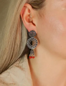 Women's Indian Boho Oxidised Drop Ethnic Jhumkis Earrings in Red - Red - Size: One Size - The Colourful Aura - FashionsVida