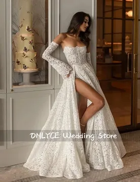 A-line Glitter Lace Wedding Dresses Strapless Detachable Sleeves Bridal Dress Wedding Gown Robe De Mairee Customized - Aliexpress - FashionsVida