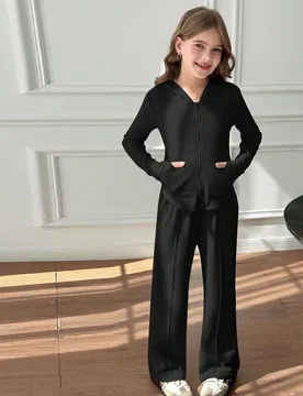 Conjunto de 2 piezas para niñas preadolescentes con top con capucha con cordón y pantalones de pierna ancha, informal para primavera/otoño, uso dia - Shein - FashionsVida