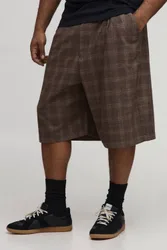 Herren Plus Karo Falten-Front Weite Longline Bein Jorts Chocolate Größe 40