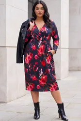 Women's Curve Floral Print Mesh Midi Dress in Red Size: 16 - Red - Size: 16