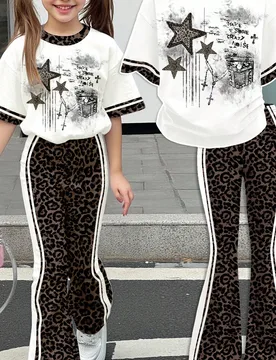 Conjunto de 2 piezas con estampado de leopardo vintage con graffiti y patrón de estrellas, estampado de leopardo retro con bloques de color, manga co - Shein - FashionsVida