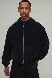 Herren Übergroßer Kastenförmiger Kapuzenpullover Mit Abfallender Schulter, Schlingenrücken, Waschung Und Durchgehendem Reißverschluss Washed Blac