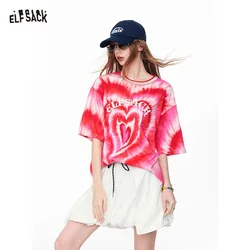 ELFSACK Tie-Dye Heart Print Oversized T-Shirt, Y2K Streetwear Pink & Red Loose Casual Tee