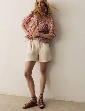 Cotton Rich Denim Pleated Shorts Ecru female - Per Una - FashionsVida