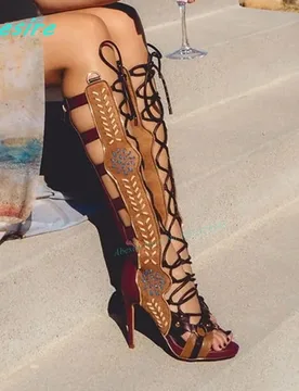 Mixed-Color Wheat Embroidery Cross-Tied Sandal Boots Peep Toe Thin Heels Back-Zipper Shoes for Women Summer Bohemian Retro Shoes - Aliexpress - FashionsVida