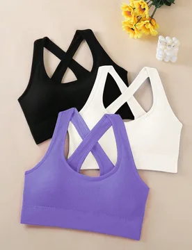 Set de 3 sujetadores deportivos con tirantes cruzados para mujeres, tops con estilo bustier sin espalda para yoga, fitness y entrenamiento - Shein - FashionsVida