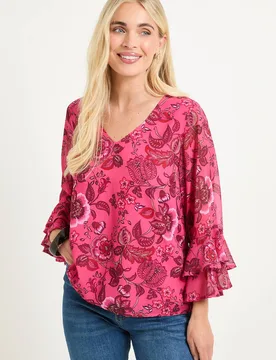 Women's Petite Floral Flute Sleeve Top in Pink Size: 16 - Pink - Size: 16 - Wallis - FashionsVida