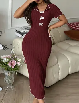 Elegante vestido de punto largo con lazo y contraste de colores, ropa de descanso para mujer - Shein - FashionsVida