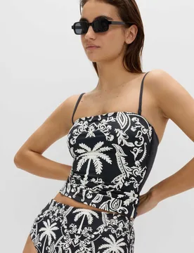 Tummy Control Printed Bandeau Tankini Top Black Mix female - M&S - FashionsVida