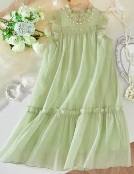 Vestido de tutú de princesa para niñas en verano con cuello redondo, sin mangas, decoración de perlas y tela de malla - Shein - FashionsVida