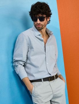 Camicia in cotone a maniche lunghe con taschino sul petto - verde pallido