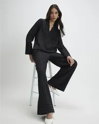 Womens Wide Leg Trousers Black Striped Turned Up Hem - Size 14 Uk
