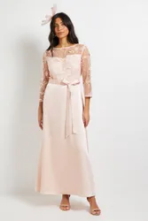 Occasion Satin & Mesh Overlay Maxi Dress - Blush - Size: 10
