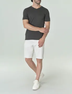T-shirt color lavagna a mezza manica in misto lino e pima cotton con scollo a V - Rodolfo Pellizzari - FashionsVida