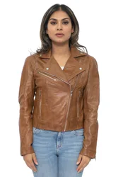 Womens Biker Jacket-Zanzibar - Tan - Size 10 Uk