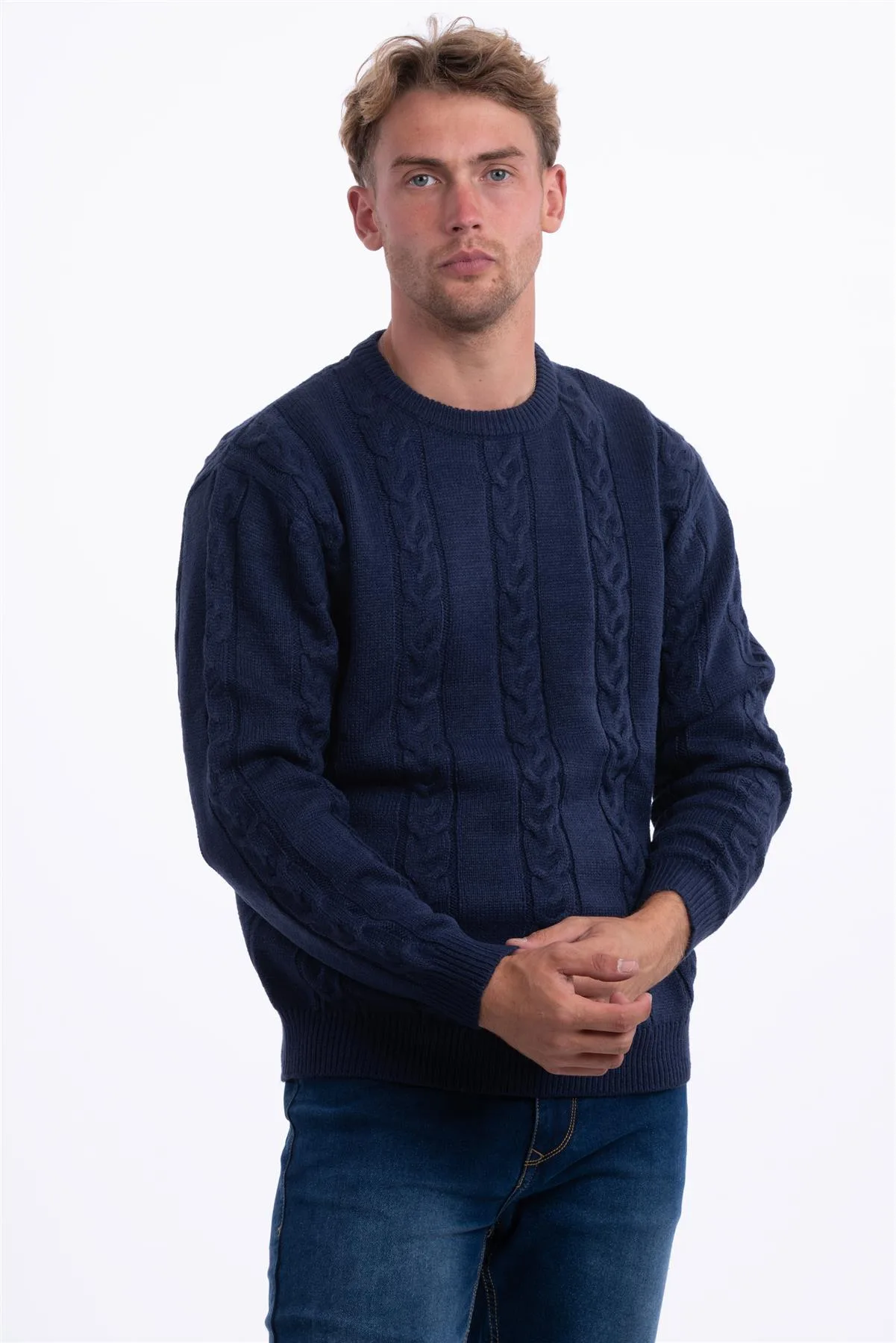 Jj Willis Mens Cable Knit Sweater Crew Neck Long Sleeve - Navy - Size Medium - J.J.Willis - FashionsVida