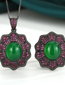 New jewelry set with gold-plated copper and green chalcedony, niche vintage style, main stone 10*12 - Aliexpress - FashionsVida