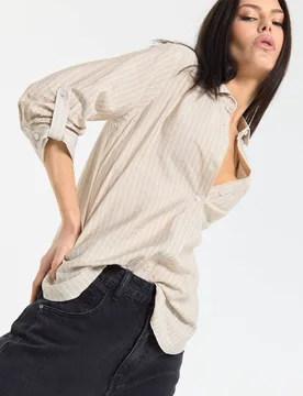 Women's Relaxed Beige Stripe Button Shirt Size: 10 - Beige - Size: 10 - House of Holland - FashionsVida