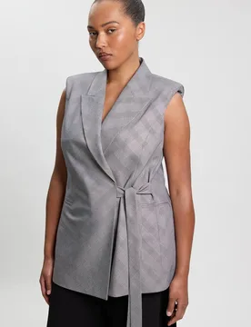 Women's Plus Size Soft Tailored Check Wrap Detail Sleeveless Blazer in Grey Size: 24 - Grey - Size: 24 - Karen millen - FashionsVida