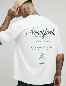 Herren Großes Oversized Kastenförmiges Schweres New York Schriftzug T-Shirt Ecru Größe Large - boohooMAN - FashionsVida