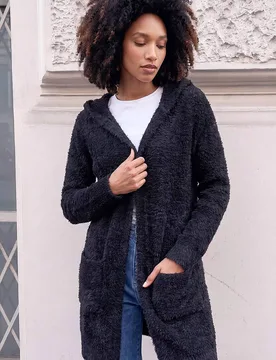 Women's Fluffy Hooded Cardigan Sweater in Black Size: 12 - Black - Size: 12 - Roman - FashionsVida