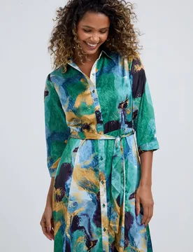 Hazel Button Down Painterly Print Midi Dress In Green - 8 - Lily and Lionel London Limited - FashionsVida