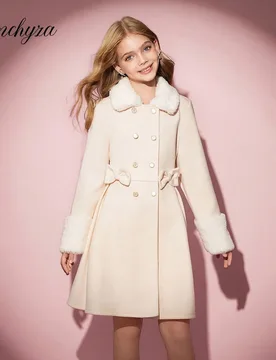 Abrigo básico casual y elegante con cuello de piel, decoración de lazo y línea A para niñas preadolescentes en otoño/invierno, abrigo de vestir d - Shein - FashionsVida