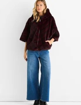 Burgundy Hooded Chevron Faux Fur Cape Jacket - Burgundy - Size: S/M - Gini London - FashionsVida