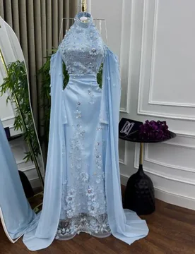 Customized Floral Lace Evening Dresses Halter Cape Sleeve vestidos de gala Off the Shoulder Mermaid Blue Wedding Guest Dress - Aliexpress - FashionsVida