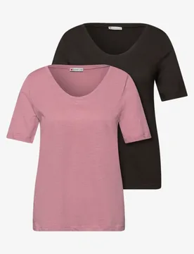 Basic T-Shirt mit Kurzarm im 2er-Pack female Multicolour Braun Pink - Street One - FashionsVida