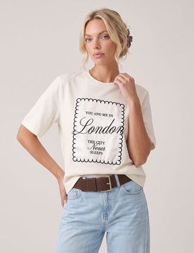 T-shirt in cotone con ricamo e motivo Londra - panna