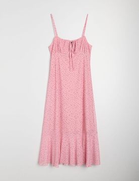 Vestito maxi con spalline e laccio sul décolleté a pois - rosa cipria