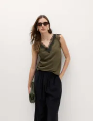 Satin V-Neck Lace Insert Cami Top Olive Mix female