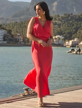 Textured Tie Detail Maxi Wrap Dress Coral female - Sosandar - FashionsVida