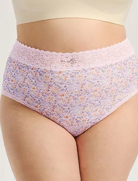 Paquete de 2 bragas de algodón de cintura alta con ribete de encaje para mujer, conjunto de ropa interior con estampado floral y ribete de encaje - Shein - FashionsVida