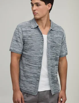 Herren Normal Geschnittenes Meliertes Strickhemd Aus Baumwollmischung Grey Größe Large - boohooMAN - FashionsVida