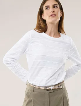Baumwollshirt Streifenstruktur LA, normale Größen, Farbe Weiß, 48, angenehm zu tragen atmungsaktive Baumwolle Damen - Walbusch - FashionsVida