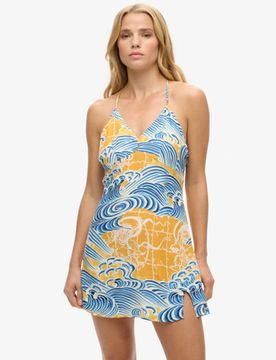 Superdry Damen Mini-trägerkleid mit Print Gold - Größe: 40