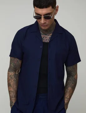 Herren Großes Regular Kurzarm Leinen-Mix Hemd Navy Größe Large - boohooMAN - FashionsVida