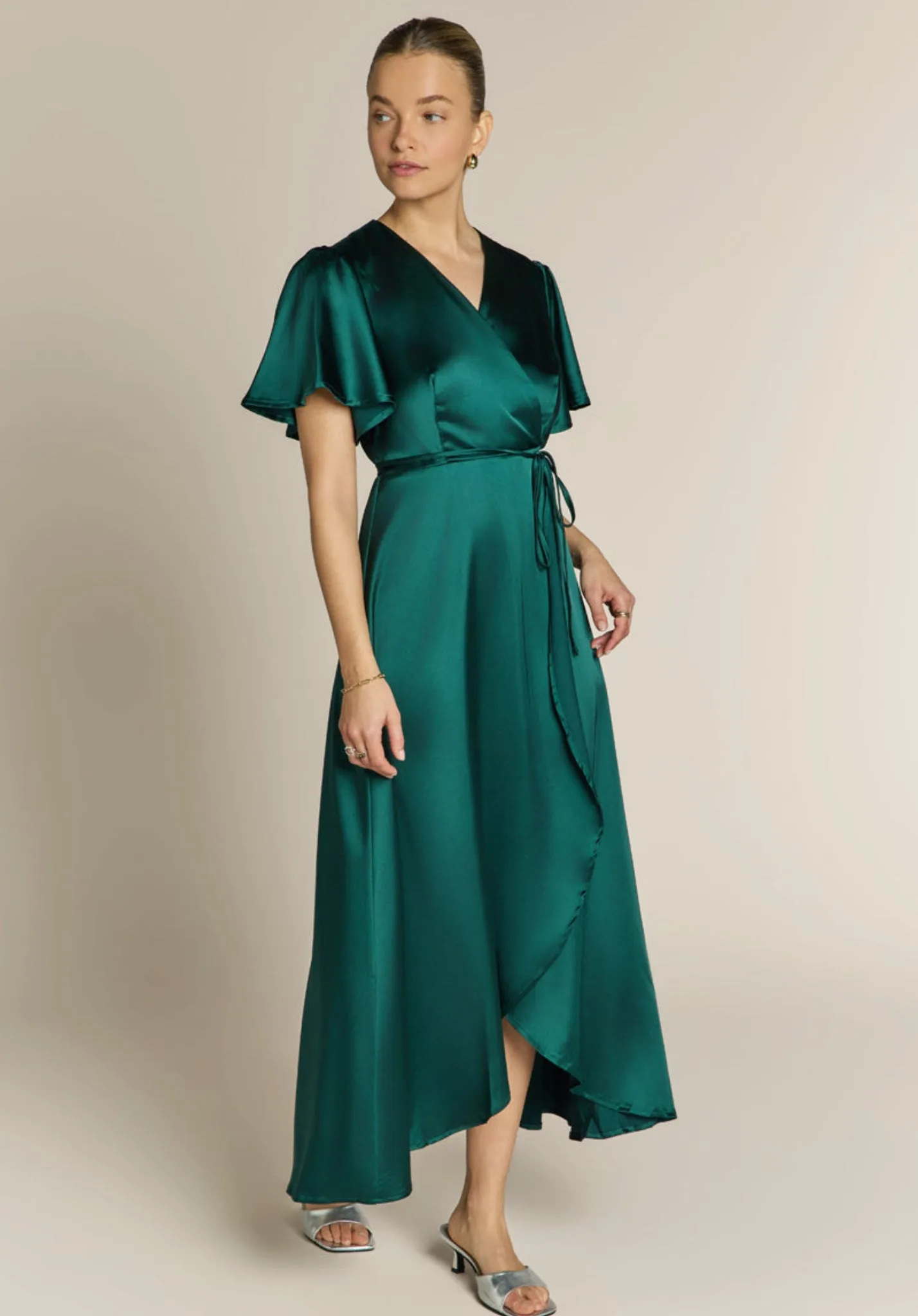 Florence Waterfall Dress in Forest Green Satin - 8 - Rewritten - FashionsVida