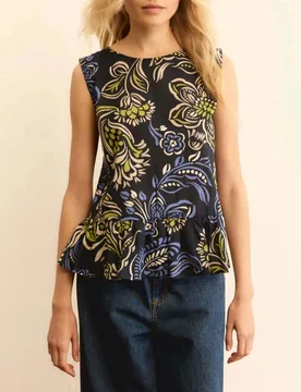 Top smanicato blu in mussola di cotone stampa floreale multicolor con balza arricciata - Emme Marella - FashionsVida