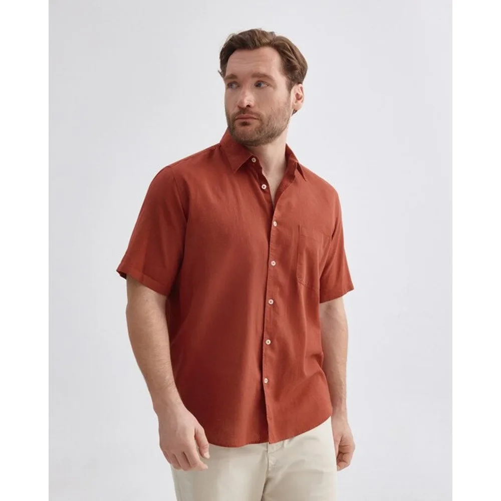 Camisa de hombre manga corta de lino algodón lisa fit regular - Dustin - FashionsVida