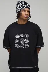 Mens Oversized Boxy Contrast Stitch Stamp Print T-Shirt - Black Cotton - Size 3xl