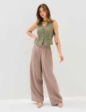 Pantaloni wide leg in lyocell con misto lino - beige